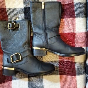 Vince Camuto Black Leather Moto Boots with Gold Accents